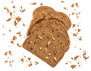 Sliced wholegrain bread isolated on white  background with seeds and crumbs, closeup.