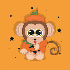 Isolated cute monkey cartoon character with a pumpkin costume Vector