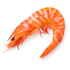 Unpeeled Shrimps isolated on white background. Seafood concept. Red cooked prawn Top view.