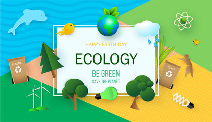 Earth Day banner, background with clouds and ecology icons in paper cut style. Light bulbs, trees, wind turbine and nature. Let s save the Earth.