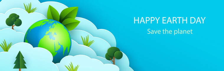 Naklejka premium Earth Day banner, background with clouds, planet and trees in paper cut style. Vector