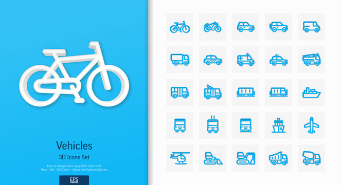 Vector 3d realistic style icons set. Illustration with vehicle, public transport, cars outline symbols. Electric auto, truck, train, bicycle, bus, metro, airplane line pictogram. Top view, shadow