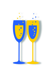 Two glasses of sparkling drink in paper cut style. Festive glasses clink loudly, splashing champagne. Cute modern print in blue and yellow tones on a white background. vector
