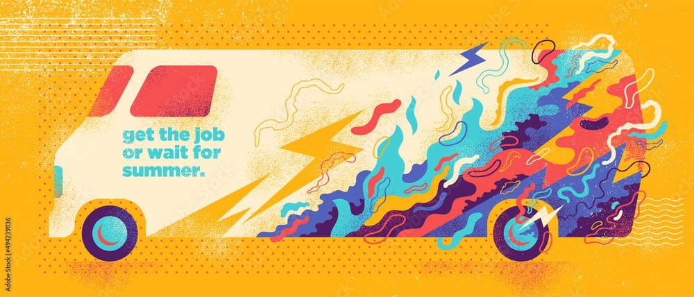 Poster retro style abstraction with van and colorful splashing shapes. vector illustration.