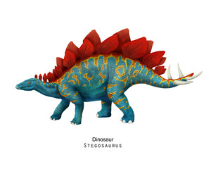 Stegosaurus illustration. Dinosaur with crest on back. Red crest