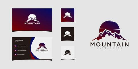 Mountain logo template with sunset and bussines card. Premium Vecor - obrazy, fototapety, plakaty