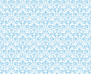 Wallpaper in the style of Baroque. Seamless vector background. White and blue floral ornament. Graphic pattern for fabric, wallpaper, packaging. Ornate Damask flower ornament