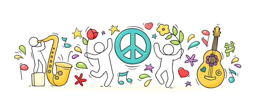 Peace symbol and happy people with flowers