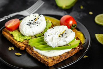 Sandwiches with avocado and poached egg. Healthy food, keto diet, diet lunch concept. Top view