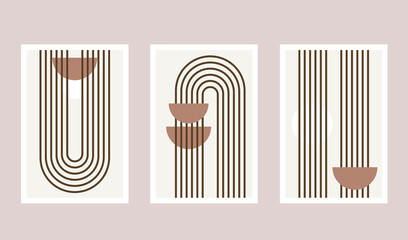 Set of three abstract art poster. Boho posters. Hand drawn various shapes and doodle objects. Contemporary modern trendy Vector illustrations. Every background is isolated