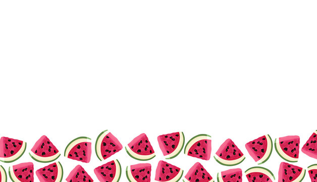 Watermelon background. Summer fruit backdrop. Watermelon slice print. Juicy fruit banner. Ripe, fresh colorful fruit on whhite. Textile, fabric texture. Watermelon wallpaper border.