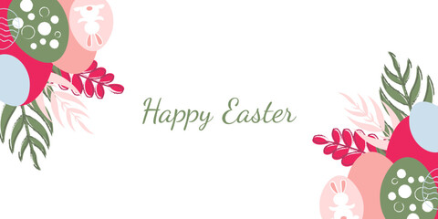 Easter vector banner with place for text decorated with eggs and flowers	