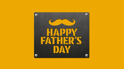 Happy Father's Day greeting and moustache in stylized die-cut carbon fiber black plate with rivets over yellow background