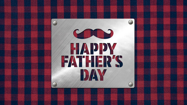 Happy Father's Day greeting and moustache in stylized die-cut brushed metal plate with rivets over buffalo plaid flannel background