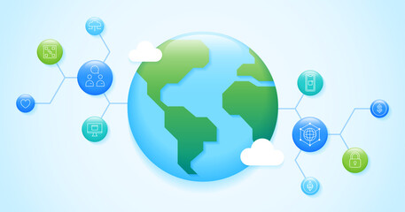 World Earth Technology Connection Line Web Hexagon Big Data Cloud Isolated Sustainability Responsibility Concept Vector Illustration