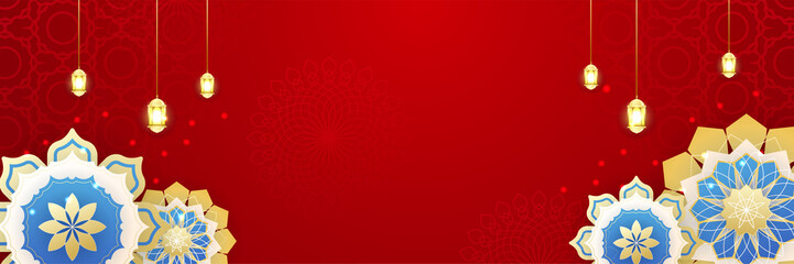 Stylish red golden mosque design islamic banner background