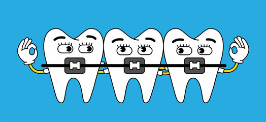 Teeth funny cartoon character with braces. Teeth show ok sign with hands. 