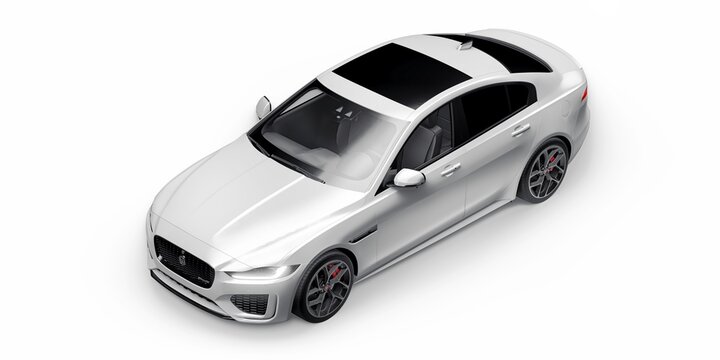 Paris, France. February 3, 2022: Jaguar XE R Dynamic 2020. White Premium sports sedan. 3D illustration