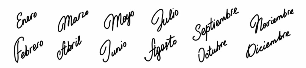 Name of the twelve months of the year in Spanish. Lettering of calendar months. elements for calendar design