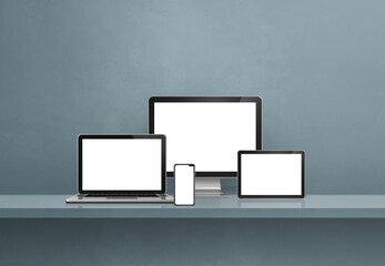 Computer, laptop, mobile phone and digital tablet pc. Grey shelf banner
