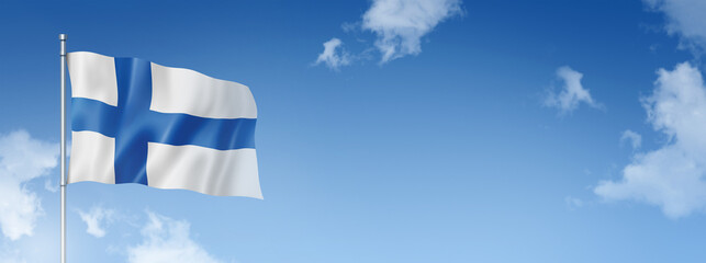 Finnish flag isolated on a blue sky. Horizontal banner