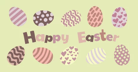 Gordijnen Happy easter. Greeting card in spring colors with easter eggs and happy easter lettering. Easter eggs design © Наталья Трубочнова