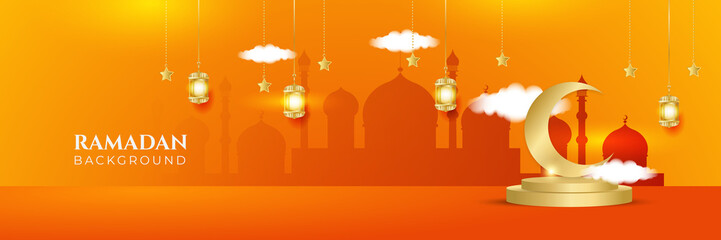 Stylish orange golden mosque design islamic banner background