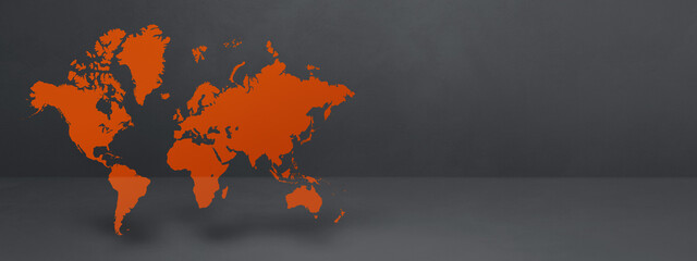 Orange world map on black concrete wall background. 3D illustration. Horizontal banner