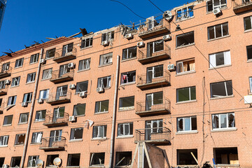Building damaged by russian rocket attack in Kyiv
