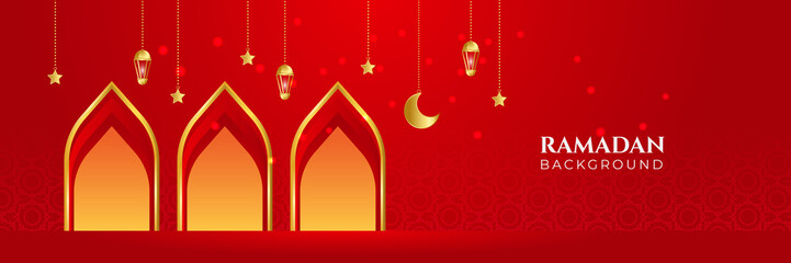 Stylish red golden mosque design islamic banner background