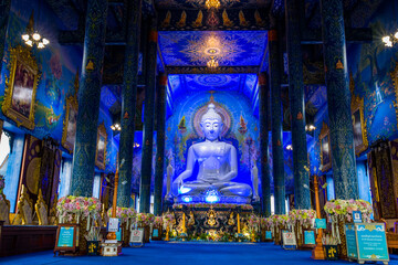 Wat Rong Suea Ten-Chiang Rai:24 September 2021,tmosphere inside the temple,there is an old white Buddha image,tourists from around the world always come to make merit,Rim Kok Subdistrict,Thailand