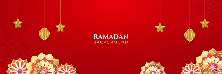 Fototapeta na wymiar Stylish red golden mosque design islamic banner background