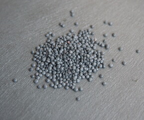 Lenteja Beluga, classic spanish variety of  lentil (Lens culinaris or Lens esculenta),  edible legume, lens-shaped seeds on grey stone background