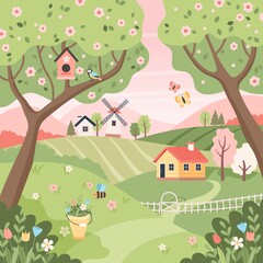 Obraz premium Spring rural landscape with trees, fields, houses and windmill. Easter background, countryside landscape. Vector illustration in flat style