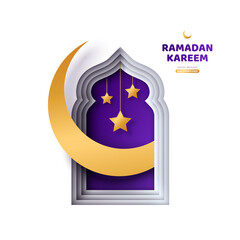 Ramadan Kareem greeting card. Paper cut crescent moon in mosque window with stars. Arabian night Voucher Template, place for text. Vector illustration.