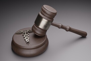 Medical symbol and judge gavel on gray background. Law for people rights concept. 3d illustration