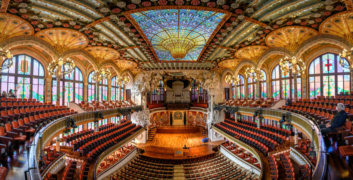 Barcelona, Spain - 16.03.2022: Palace of Catalan music or The Palau de la Musica Catalana is a concert hall, built by the architect Lluis Domenech i Montaner