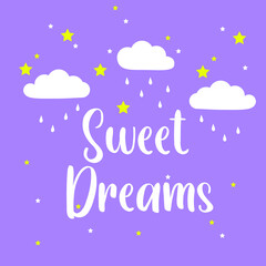 Fototapeta na wymiar Sweet dreams hand lettering with clouds and hanging stars. Vector