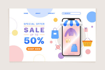 Clothes Special offer sale up to 50 Isolated Online Marketing Landing Page E-commerce Promotion Sale Cart Gift Present box Awning Web Search home about contact Abstract Background