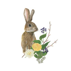 Watercolor painting white and yellow spring flowers, tree branch with bud, berry, easter bunny
