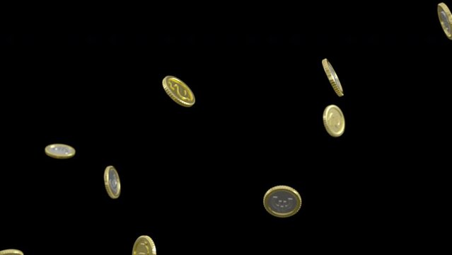 Golden Coins with Dollar and Euro logos Falling in Slow Motion. 