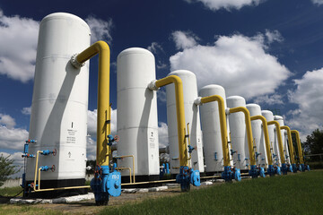 Gas transportation system. Booster pumping station for gas. Gas filling station and gas tanks....
