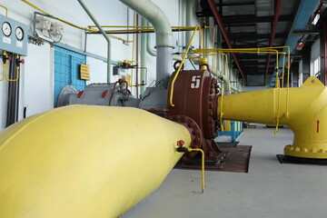 Gas transportation system. Booster pumping station for gas. Gas filling station and gas tanks....