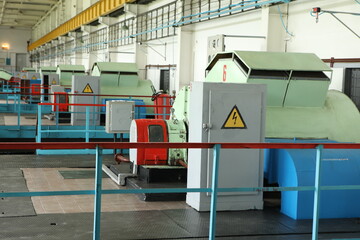 Gas transportation system. Booster pumping station for gas. Gas filling station and gas tanks. Transportation of gas around the world. Oil and gas sector. Gas turbines.