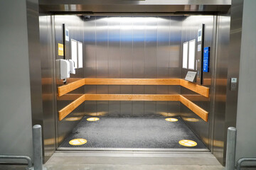 Inside a large elevator for delivering large items.
