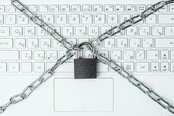 Metal chain and padlock on white laptop keyboard background. Security concept