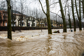 Floods in Olot town, La Garrotxa, Girona, Spain. January 2020