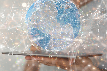 abstract lines with dots over dark background.