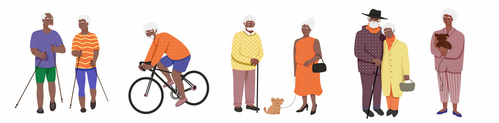 active African American pensioners. Elderly black people who are actively spending time, cycling, Norwegian walking