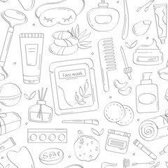 Skin care illustration. Vector seamless pattern of hand drawn hygiene beauty outline products with herbal creams, oil, face mask, makeup tools, towel, bath accessories. Natural organic cosmetics